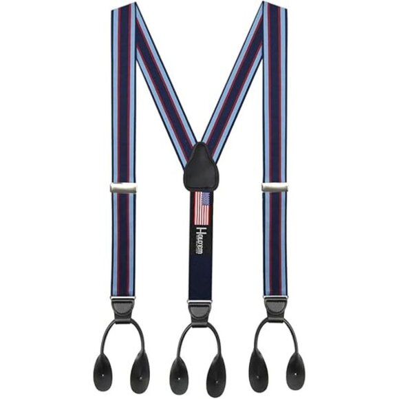HOLD'EM Men Suspender Y-Back Leather Trimmed Button End Non-Stretch - Blue/Red - Picture 1 of 7